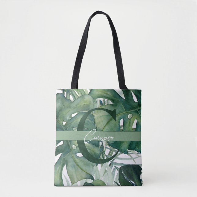 Tote Bag Lettre monogramme Feuilles tropicaux Monstera Gree (Devant)
