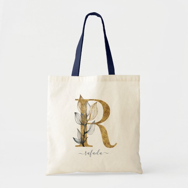 Tote Bag Lettre Monogramme Moderne "R" Bleu Marine Feuille  (Devant)