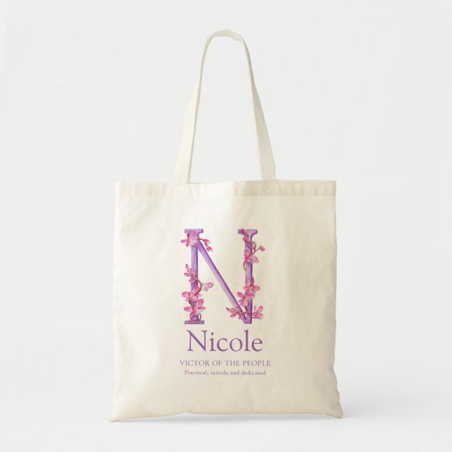Tote Bag Lettre monogramme N orchidées aquarelle Nicole per (Devant)