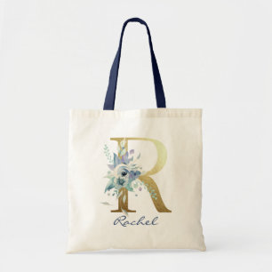 Tote Bag Lettre Monogramme or R Nom bleu Décor floral