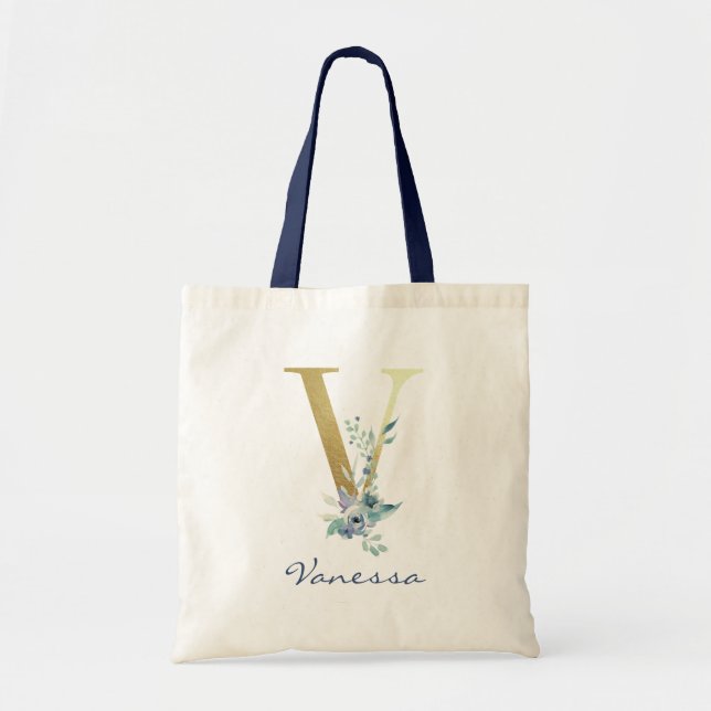 Tote Bag Lettre Monogramme or V Nom bleu Décor fleuri (Devant)