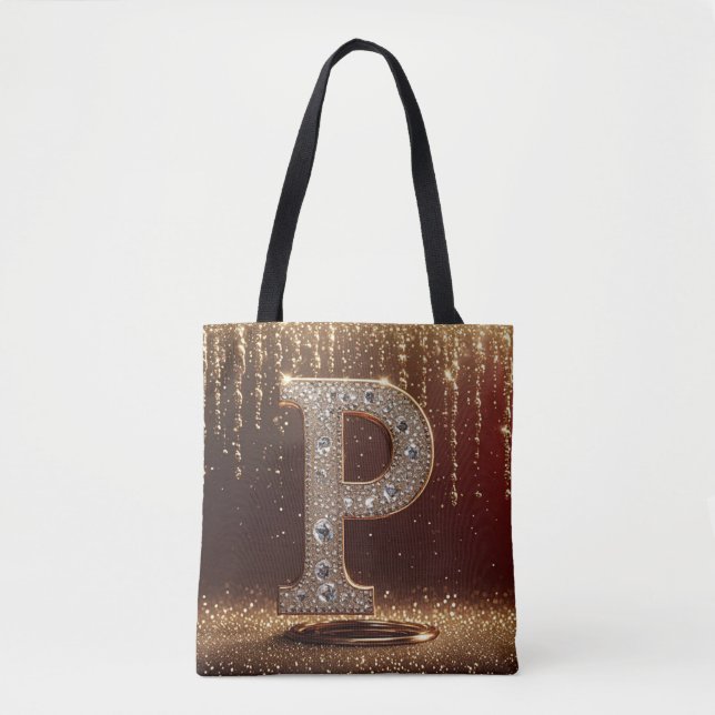 Tote Bag Lettre Monogramme P Cadeau Initial Paillettes Doré (Devant)