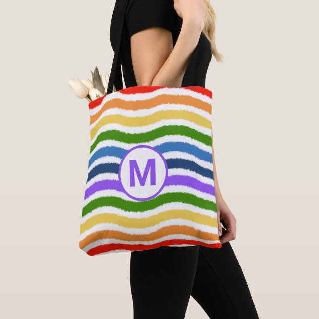 Tote Bag Lettre monogramme Summer Beach Fun Rainbow Waves (De près)