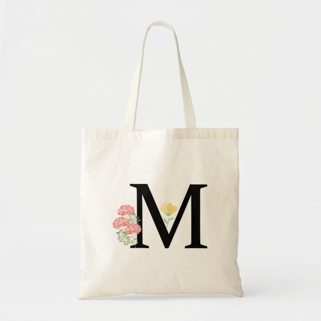 Tote Bag Lettre Monogrammée M Fleurs Peinture à l'Eau Roses (Devant)