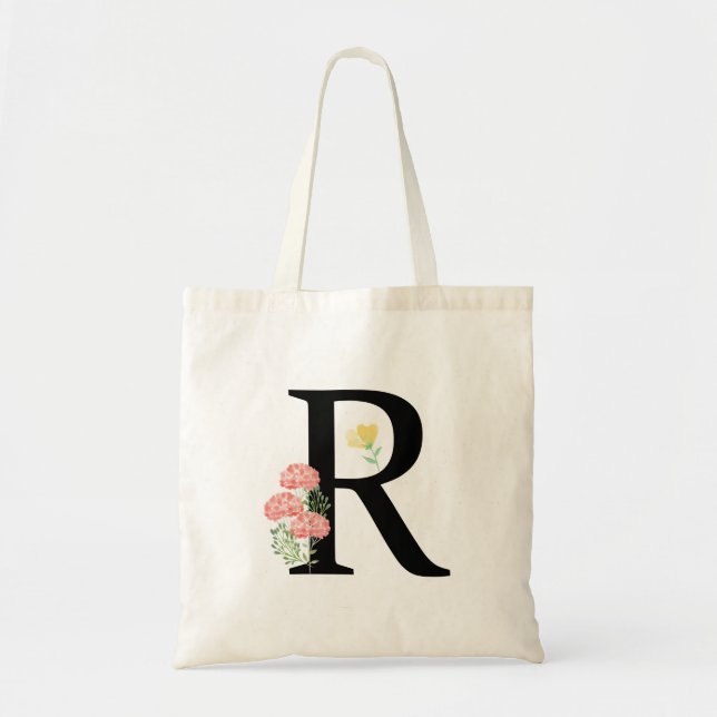 Tote Bag Lettre monogrammée R fleurs aquarelle moderne chic (Devant)