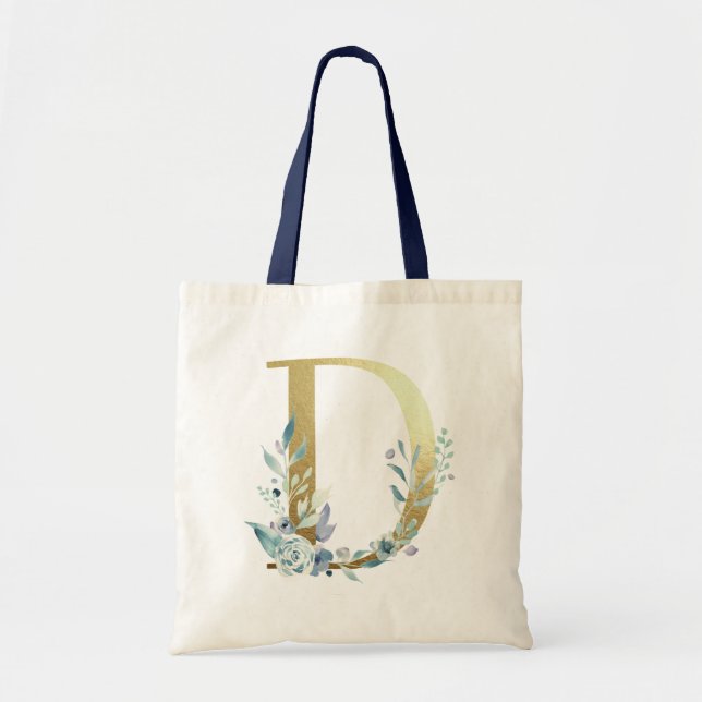 Tote Bag LETTRE MONOGRAPHIQUE D Bleu Aquarelle Fleurs (Devant)