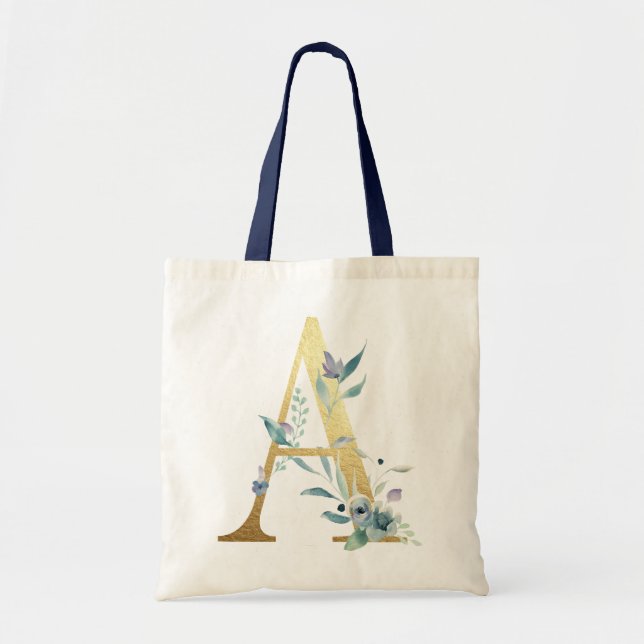 Tote Bag LETTRE MONOGRAPHIQUE D'OR A Aquarelle Bleue Fleurs (Devant)