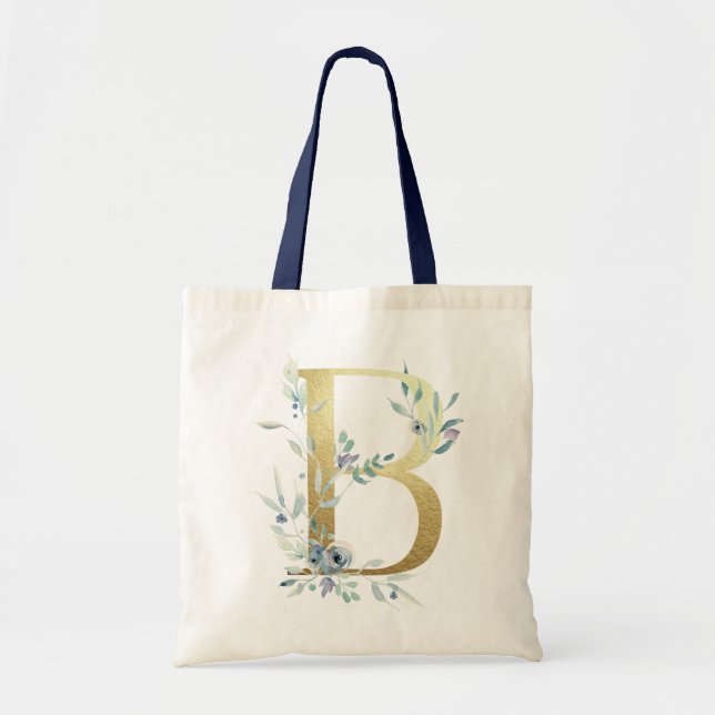 Tote Bag LETTRE MONOGRAPHIQUE D'OR B Aquarelle Bleue Fleurs (Devant)