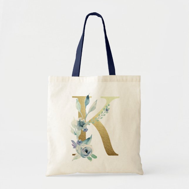 Tote Bag LETTRE MONOGRAPHIQUE D'OR BLOUE Aquarelle Fleurs (Devant)