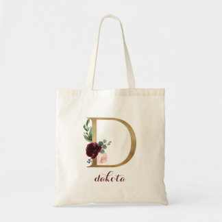 Tote Bag LETTRE MONOGRAPHIQUE D'OR BROUGE Floral "D"