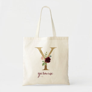 Tote Bag LETTRE MONOGRAPHIQUE D'OR BROUGE Floral "Y"