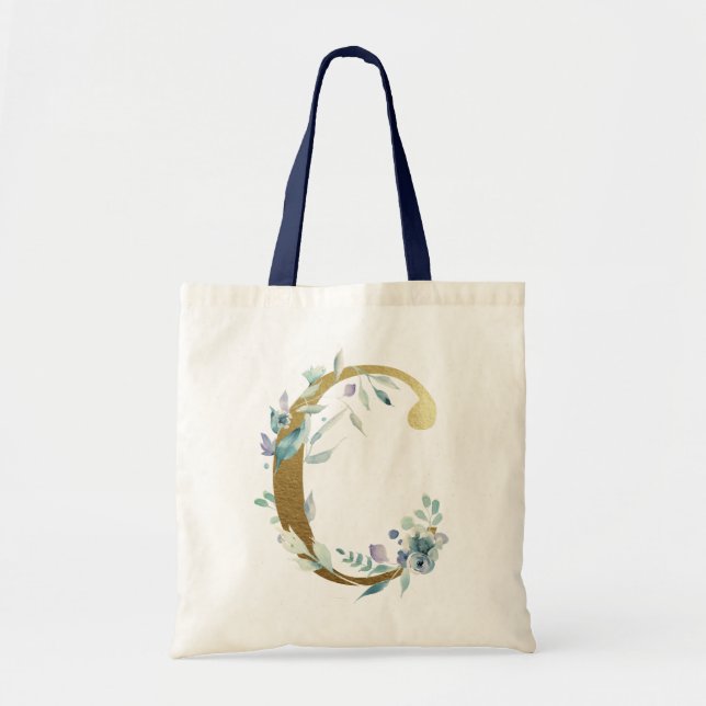 Tote Bag LETTRE MONOGRAPHIQUE D'OR C AQUATICOLE Bleue Fleur (Devant)
