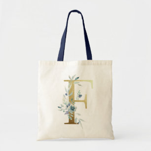 Tote Bag LETTRE MONOGRAPHIQUE D'OR F FLEURS AQUATIQUES Bleu