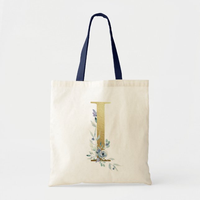 Tote Bag LETTRE MONOGRAPHIQUE D'OR I FLEURS AQUATIQUES Bleu (Devant)