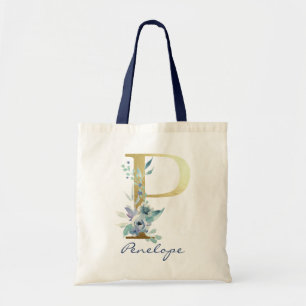 Tote Bag LETTRE MONOGRAPHIQUE D'OR P Bleu Nom Floral Décor