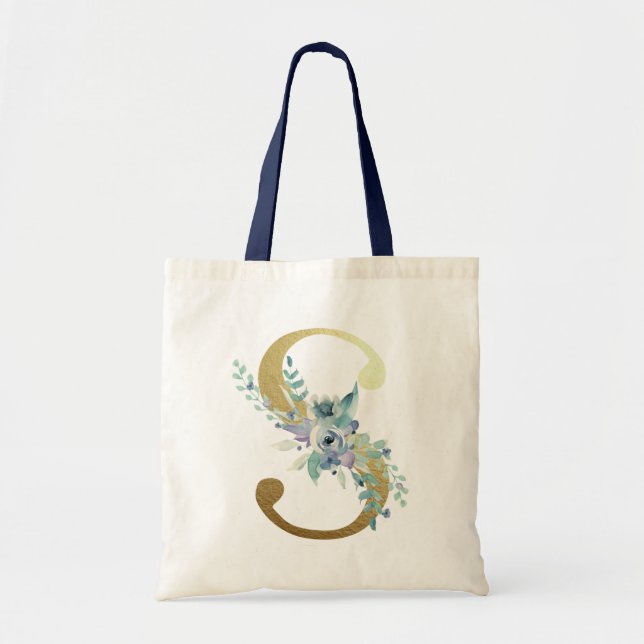 Tote Bag LETTRE MONOGRAPHIQUE D'OR S Aquarelle Bleue Fleurs (Devant)