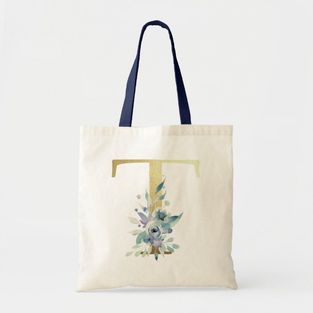 Tote Bag LETTRE MONOGRAPHIQUE D'OR T Aquarelle Bleue Fleurs (Devant)