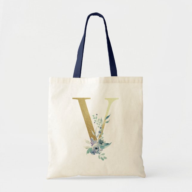 Tote Bag LETTRE MONOGRAPHIQUE D'OR V AQUATICOLE Bleue Fleur (Devant)