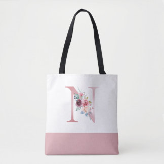 Tote Bag LETTRE MONOGRAPHIQUE FLORALE Rose Personnalisée N