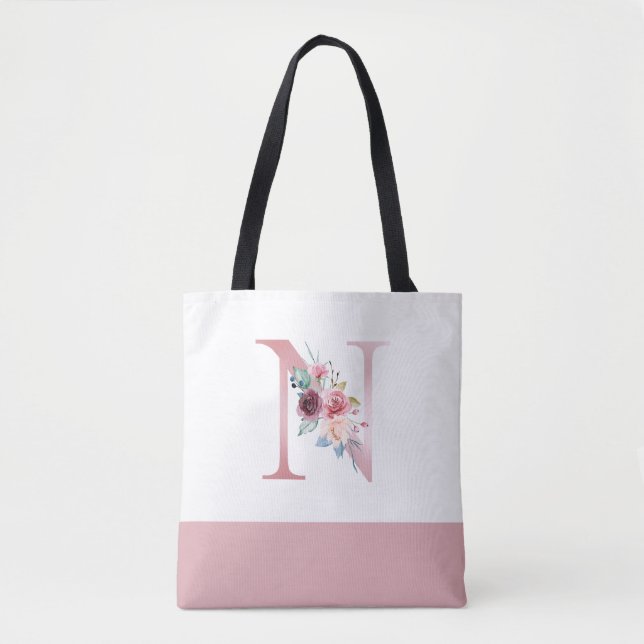 Tote Bag LETTRE MONOGRAPHIQUE FLORALE Rose Personnalisée N (Devant)