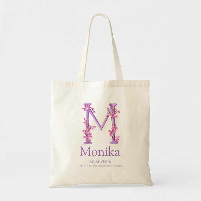 Tote Bag Lettre monographique M orchidées aquarelle Monika  (Devant)