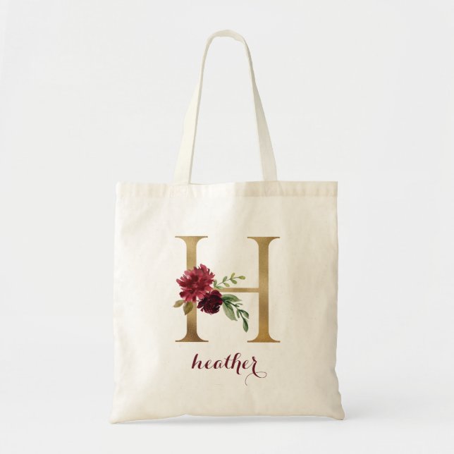 Tote Bag LETTRE MONOGRAPHIQUE OR BROUGE Floral "H" (Devant)
