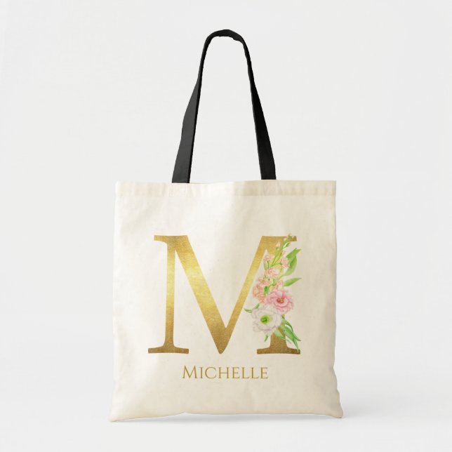Tote Bag LETTRE MONOGRAPHIQUE OR Floral M Nom personnalisé  (Devant)