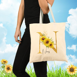 Tote Bag LETTRE MONOGRAPHIQUE Tournesol N LETTRE Florale N
