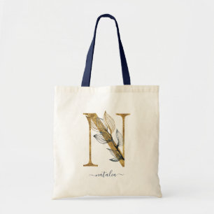 Tote Bag Lettre « N » en monogramme moderne feuille d'or bl