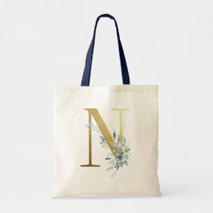 Tote Bag Lettre N Monogramme Doré Décor Floral Bleu Nom