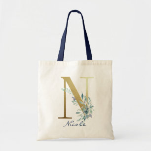 Tote Bag Lettre N Monogramme Doré Décor Floral Bleu Nom