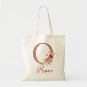 Tote Bag Lettre O Blush rose Pailleté Monogramme floral