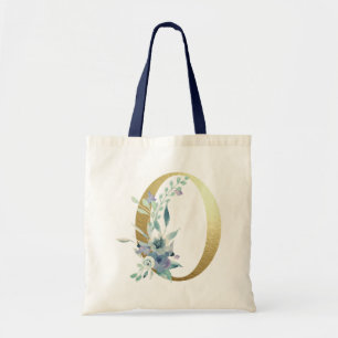 Tote Bag Lettre O Monogramme Doré Fleurs Aquarelle Bleue