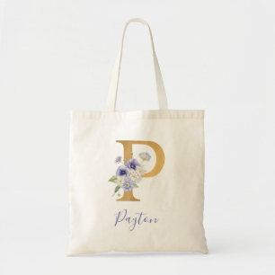 Tote Bag Lettre or P et aquarelle Floral Personnalisé