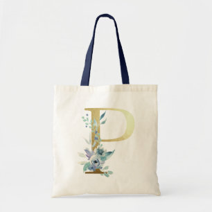 Tote Bag Lettre P Monogramme Doré Fleurs Aquarelle Bleue