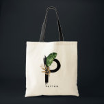 Tote Bag Lettre P Monogramme Palm Feuille Épouse Tropicale<br><div class="desc">Sac fourre-tout P monogramme personnalisable avec aquarelle feuille de palme tropicale, fausse feuille de feuille d'or et accents de brosse d'aquarelle noire. Personnalisez ce sac fourre-tout de monogramme tropical en ajoutant votre nom ou d'autres détails. Ce sac monogramme de lettre de sauce P sera parfait comme cadeau. D'autres lettres sont...</div>
