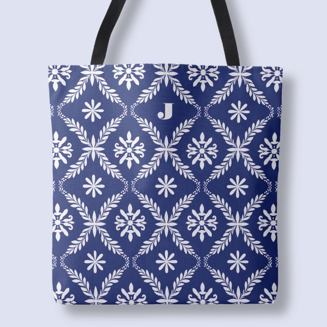 Tote Bag Lettre personnalisée Elégant Motif bleu initial (Personalized Letter Elegant Blue Pattern Initial Tote Bag)