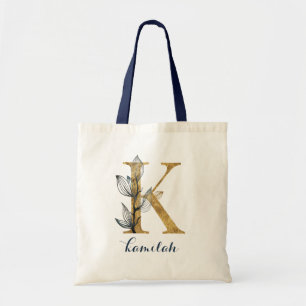Tote Bag LETTRE PERSONNELLE "K" Bleu or de la Marine Floral
