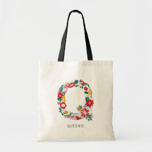 Tote Bag Lettre Q   LETTRE FLEURIE Whimsical Monogramme I
