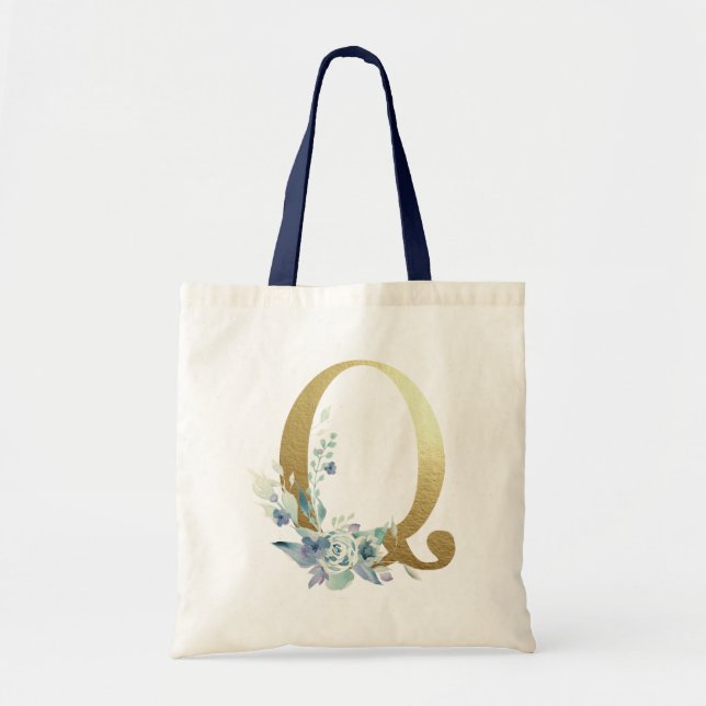 Tote Bag Lettre Q Monogramme Doré Fleurs Aquarelle Bleue (Devant)