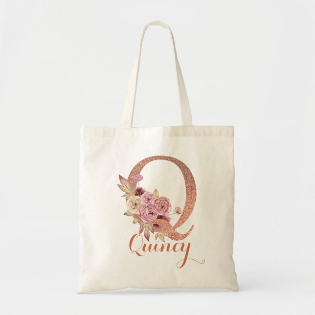 Tote Bag Lettre Q Monogramme floral rose poudré à paillette (Devant)