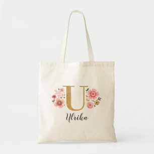 Tote Bag Lettre rose or floral Monogramme "U"