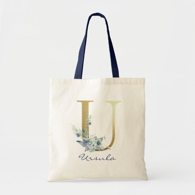 Tote Bag Lettre U Monogramme Doré Fleurs Décoratives Bleu N (Devant)