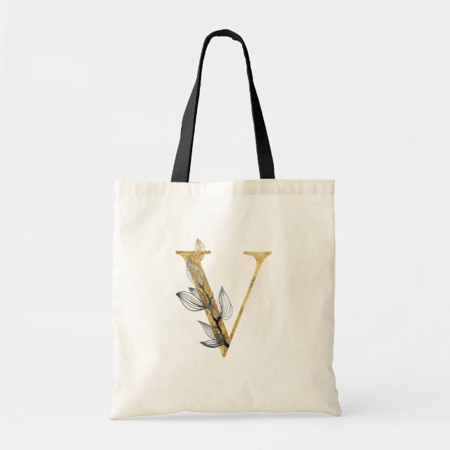 Tote Bag *~* Lettre V Monogramme or Feuille noir initial (Devant)