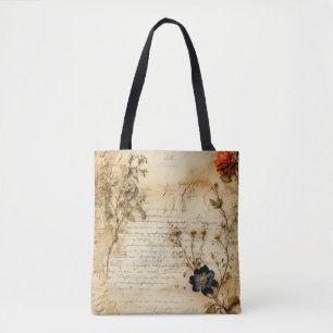 Tote Bag Lettre vintage d'amour parchemin avec fleurs (5)