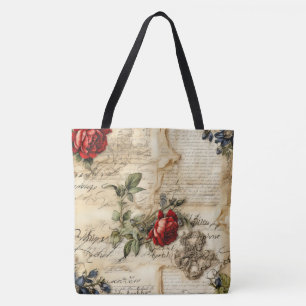 Tote Bag Lettre vintage d'amour parchemin avec fleurs (9)