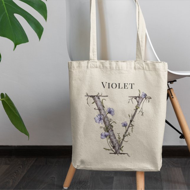 Tote Bag Lettre violette molle V Monogramme floral Nom pers (Créateur téléchargé)