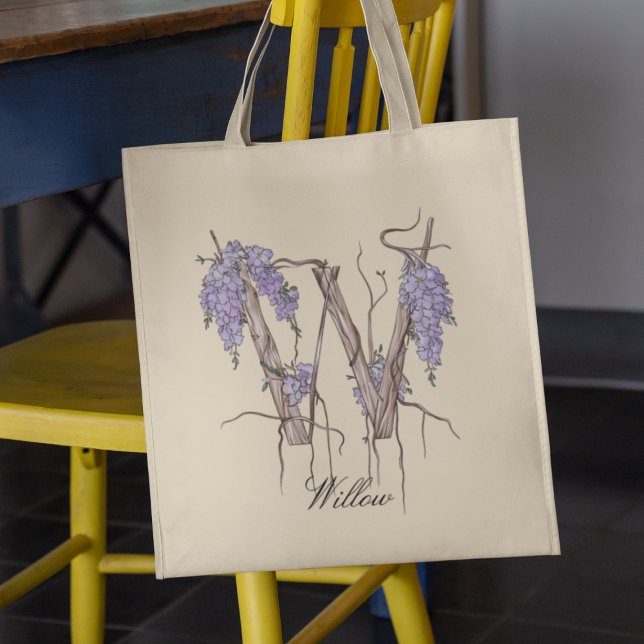 Tote Bag Lettre 'W' en glycine Monogramme floral personnali (Créateur téléchargé)