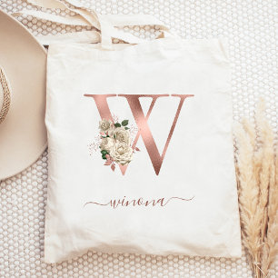 Tote Bag Lettre W Monogramme en Or Rose et Ivoire Floral