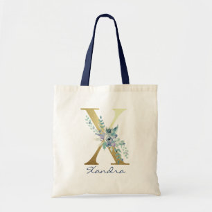 Tote Bag Lettre X Monogramme Doré Décor Floral Nom Bleu